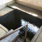 馬場旅館とは別棟にある湯小屋の共同浴場。貸切で一組30分で交代。熱めで黒茶色のお湯がなみなみとそそがれている。源泉かけ流し、加温加水なし。