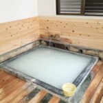 白色の濃厚な温泉、隣接する西多賀は緑色で隣同士なのに全く違う色の温泉なのは鳴子ならでは。なめらかな肌ざわりのやわらかいお湯。源泉かけ流し、加温加水なし。